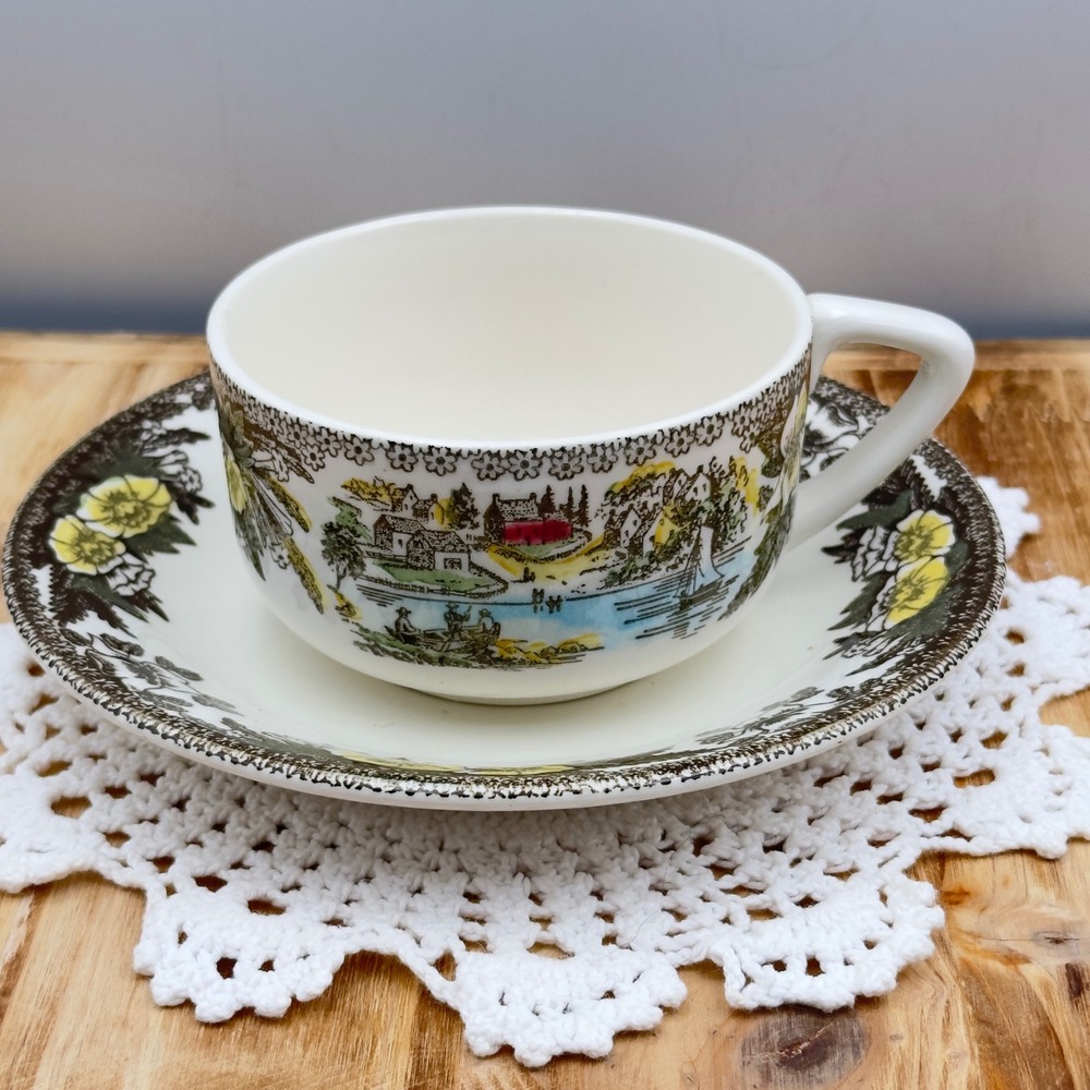 Royal China Fair Oaks Cup Saucer Multi Color Scenic Village Vintage USA